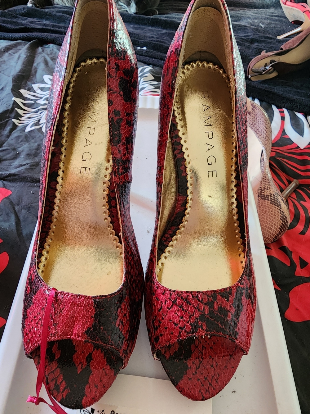 Rampage Red Snake-Print Peep-Toe Heels